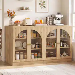 Aheaplus - 63 Inch Wide Modern Sideboard Buffet Set of 2, with Arched Tempered Glass Doors & Adjustable Shelves - Nature