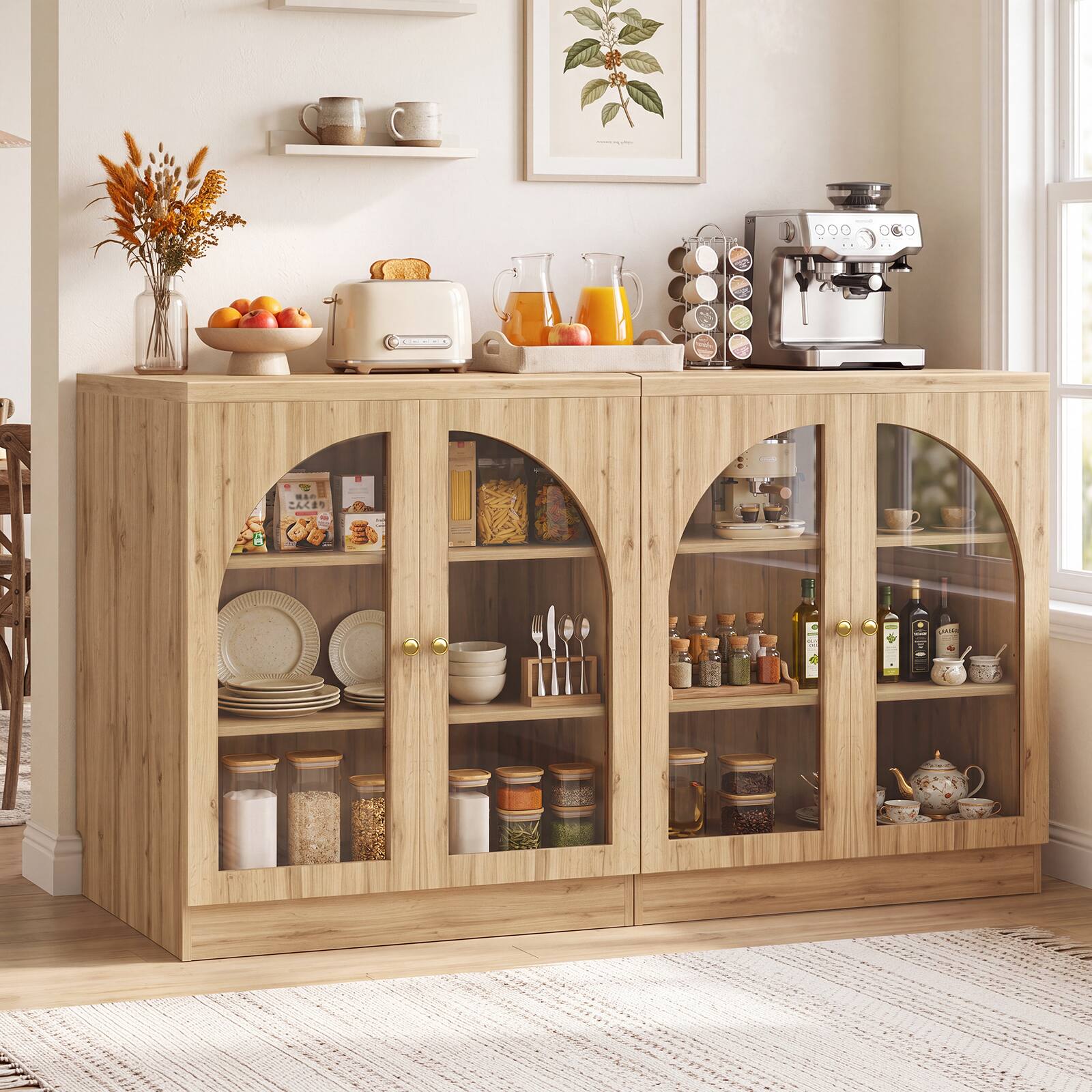 Front. Aheaplus - 63 Inch Wide Modern Sideboard Buffet Set of 2, with Arched Tempered Glass Doors & Adjustable Shelves - Nature.
