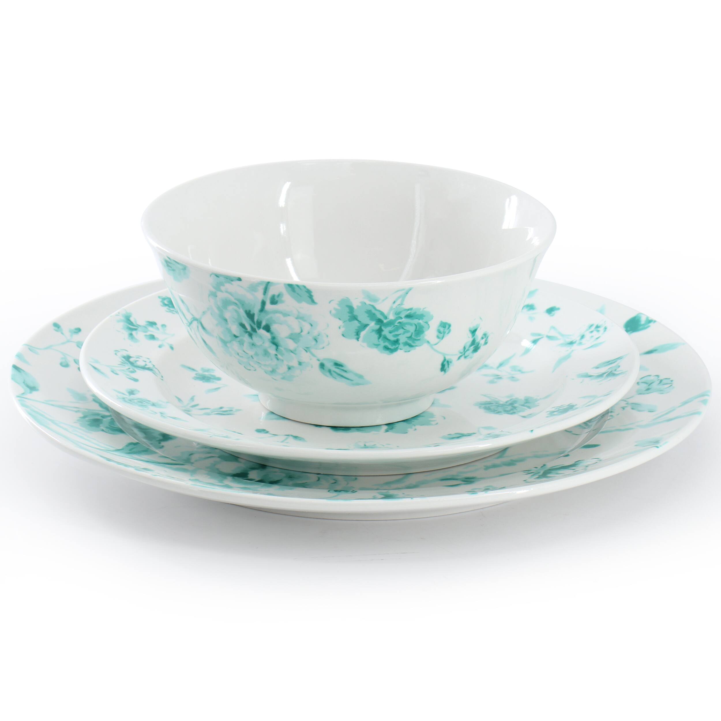 Alt View 1. Martha Stewart - Martha Stewart Chinoserie 12 Piece Round Porcelain Dinnerware Set in Teal - Teal.