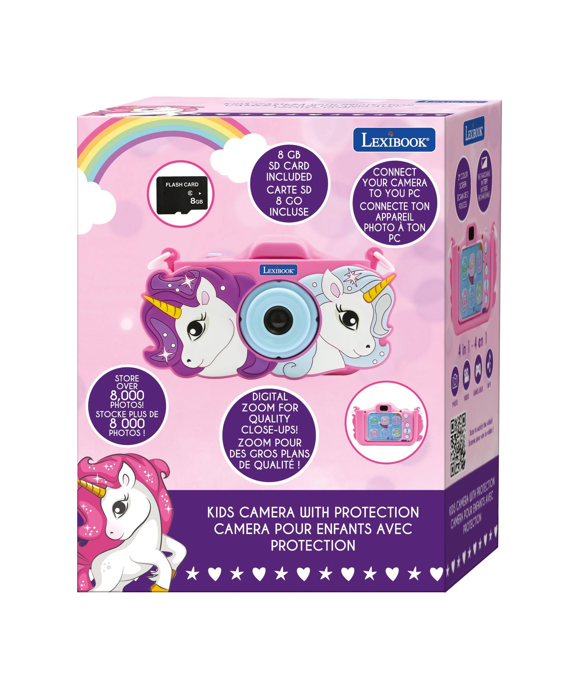 FLASH CARD 8GB  
8 GB SD CARD INCLUDED CARTE SD 8 GO INCLUSE  
LEXIBOOK LEGROK CONNECT ACOS YOUR CAMERA 123 TO YOU PC EM CONNECTE TON 1333 APPAREIL PHOTO TON PC  
LEXIBOOK  
STORE OVER 8,000 PHOTOS! STOCKE PLUS DE 8 000 PHOTOS!  
DIGITAL ZOOM FOR QUALITY CLOSE-UPS! ZOOM POUR DES GROS PLANS DE QUALIT!  
KIDS CAMERA WITH PROTECTION CAMERA POUR ENFANTS AVEC PROTECTION