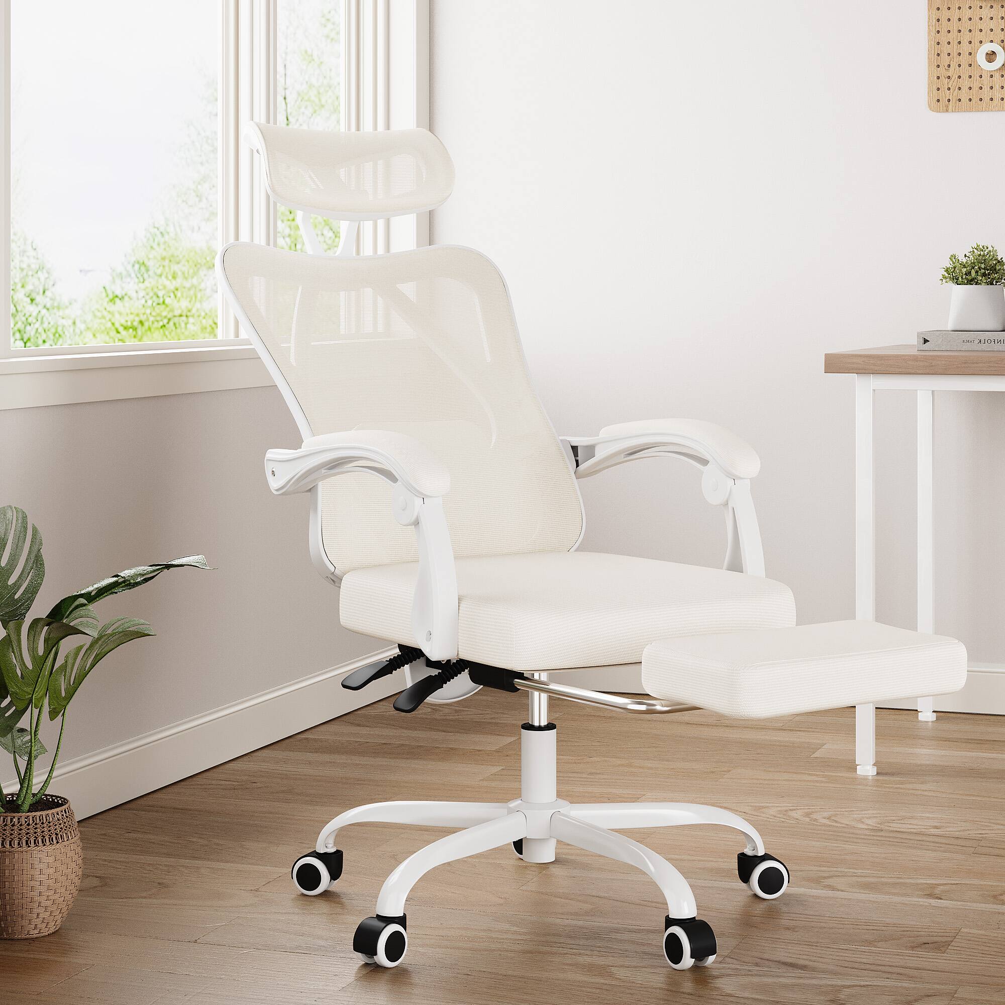 Alt View 3. PexFix - Ergonomic Office Chair with 135° Recline, Adjustable Headrest & Lumbar Support, 400 lb Capacity - White+Beige.