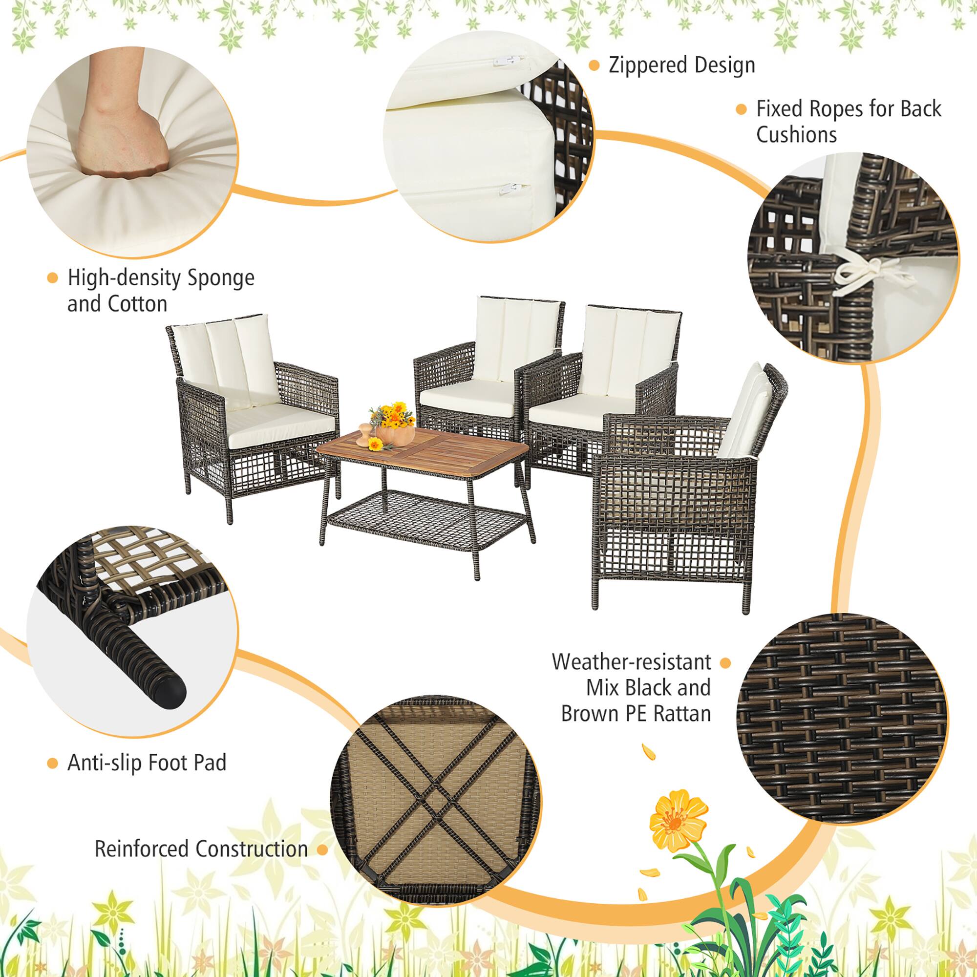 - Zippered Design
  - Fixed Ropes for Back Cushions

- High-density Sponge and Cotton

- Weather-resistant Mix Black and Brown PE Rattan

- Anti-slip Foot Pad

- Reinforced Construction
