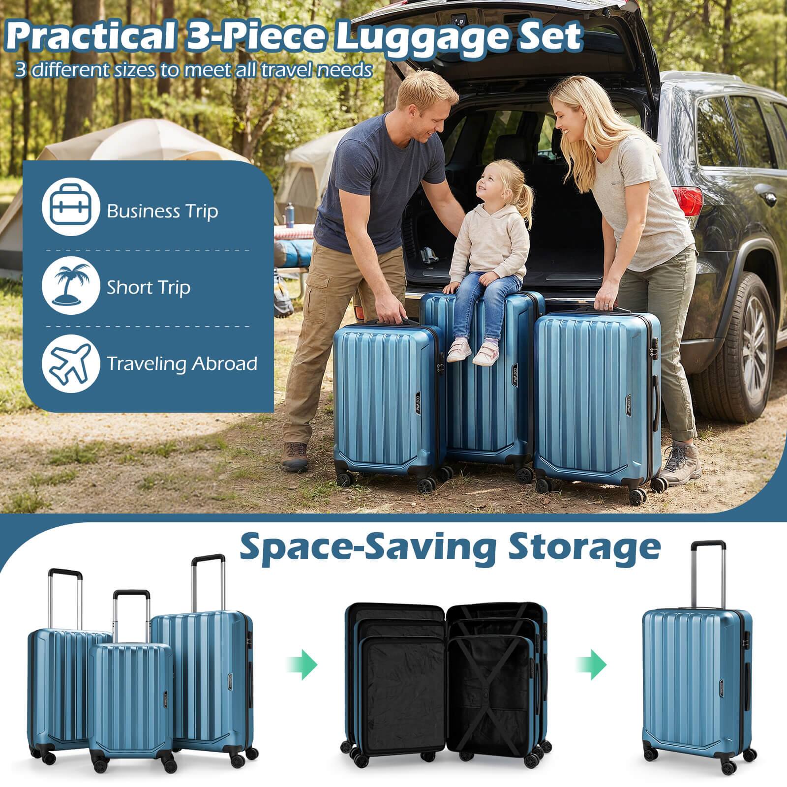 Practical 3-Piece Luggage Set  
3 different sizes to meet all travel needs

- Business Trip
- Short Trip
- Traveling Abroad

Space-Saving Storage