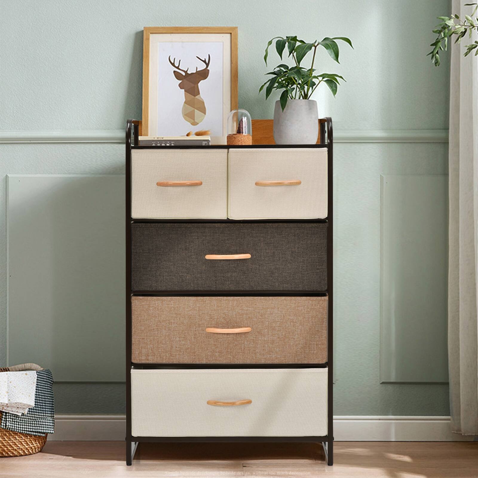 Alt View 3. Ecooso - 4-Tier Organizer Tower Steel Frame Wooden Top Storage with 5-Drawer Dresser - Multicolor.