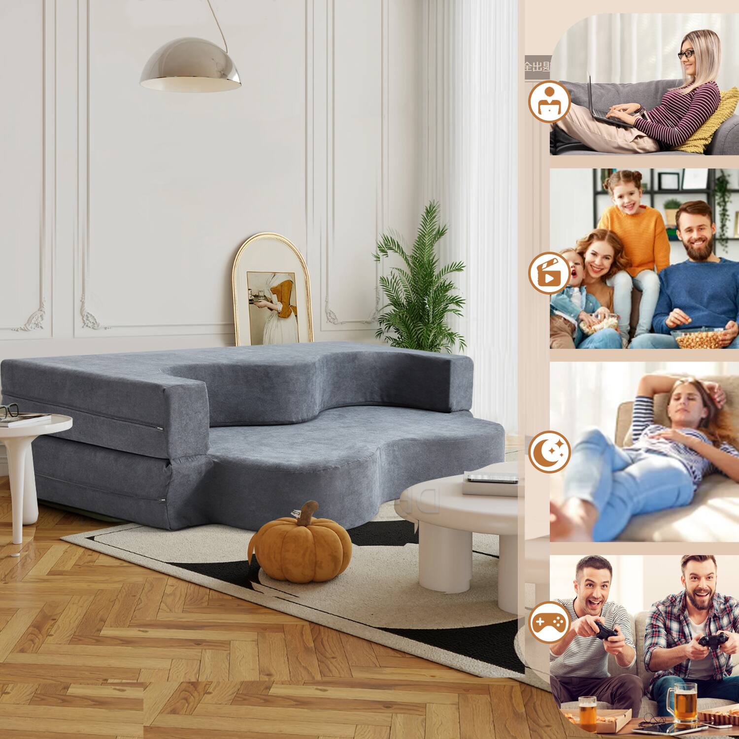 U-HOMY - High-Density Foam Folding Sofa Bed: Convertible Floor Couch for Living Room, Guest Room, and Bedroom - Gray - Thumbnail 3