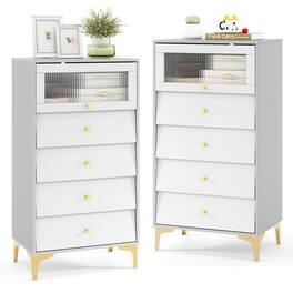 Gymax - 2 PCS 4 Drawer Dresser 44.5'' Tall Dresser Chest of Drawers w/Flip-up Fluted Glass Door - Grey, White