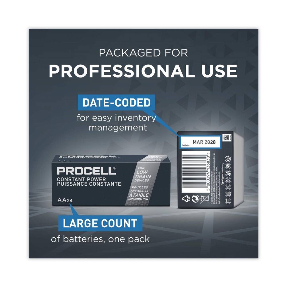 PACKAGED FOR PROFESSIONAL USE

DATE-CODED for easy inventory management

PROCELL®  
CONSTANT POWER  
PUISSANCE CONSTANTE  
AA24

LARGE COUNT of batteries, one pack

FOR LOW DRAIN CONSTANT POWER DEVICES  
POUR APPAREILS A FAIBLE CONSOMMATION

MAR 2028

N 136830 - 000394