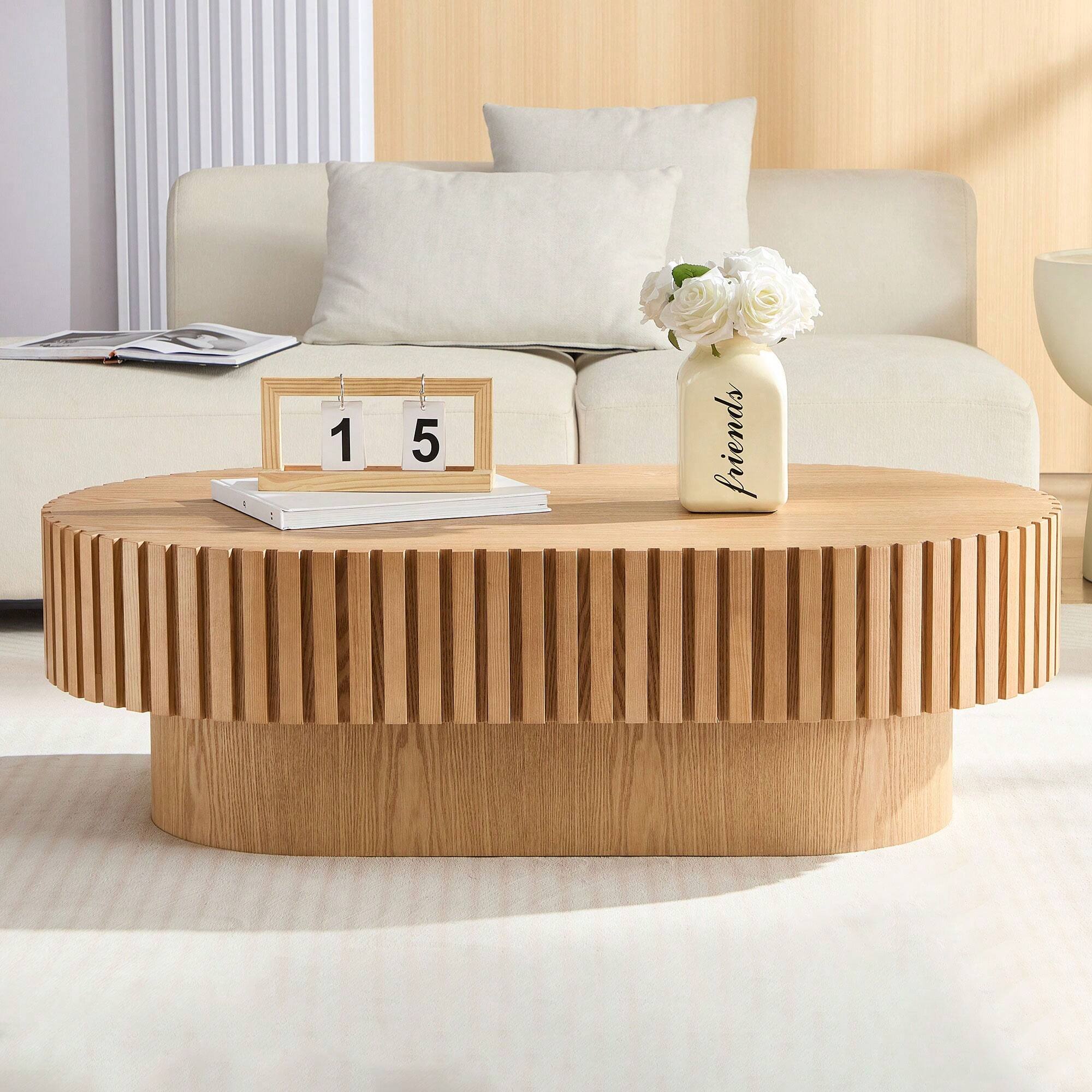 Angle. Trinkets Crazed - Round Fluted Coffee Table, Mid Century Modern Irregular Large 43.7 Inch Wood Drum Design - Natural.