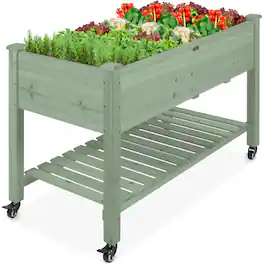 Best Choice Products - Raised Garden Bed 48x24x32in Mobile Elevated Planter w/ Wheel Locks, Shelf, Liner - Sage