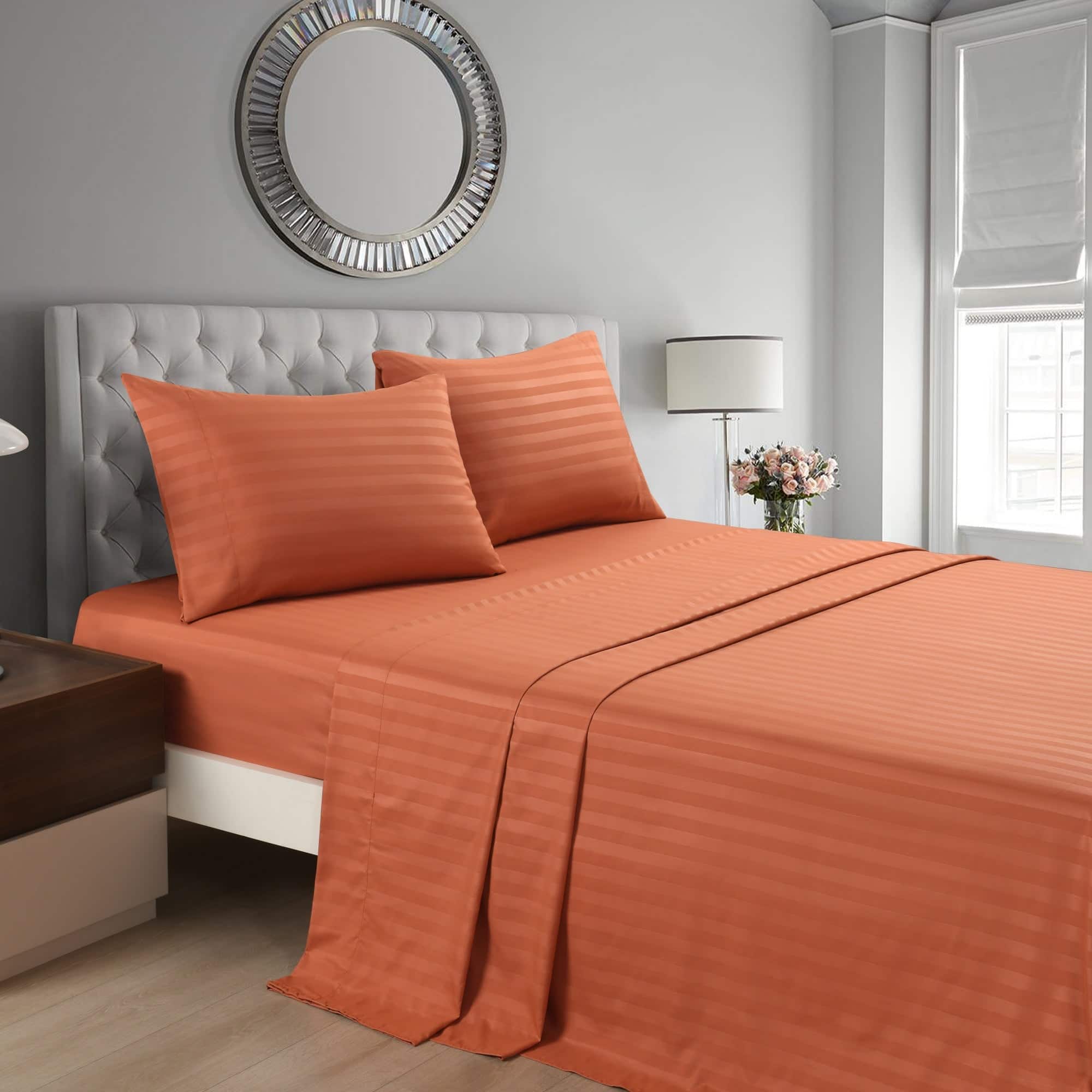 Front. MarCielo - Marcielo 4-Pieces Soft Striped Bed Sheets with 18 inches Deep Pocket - Salmon.