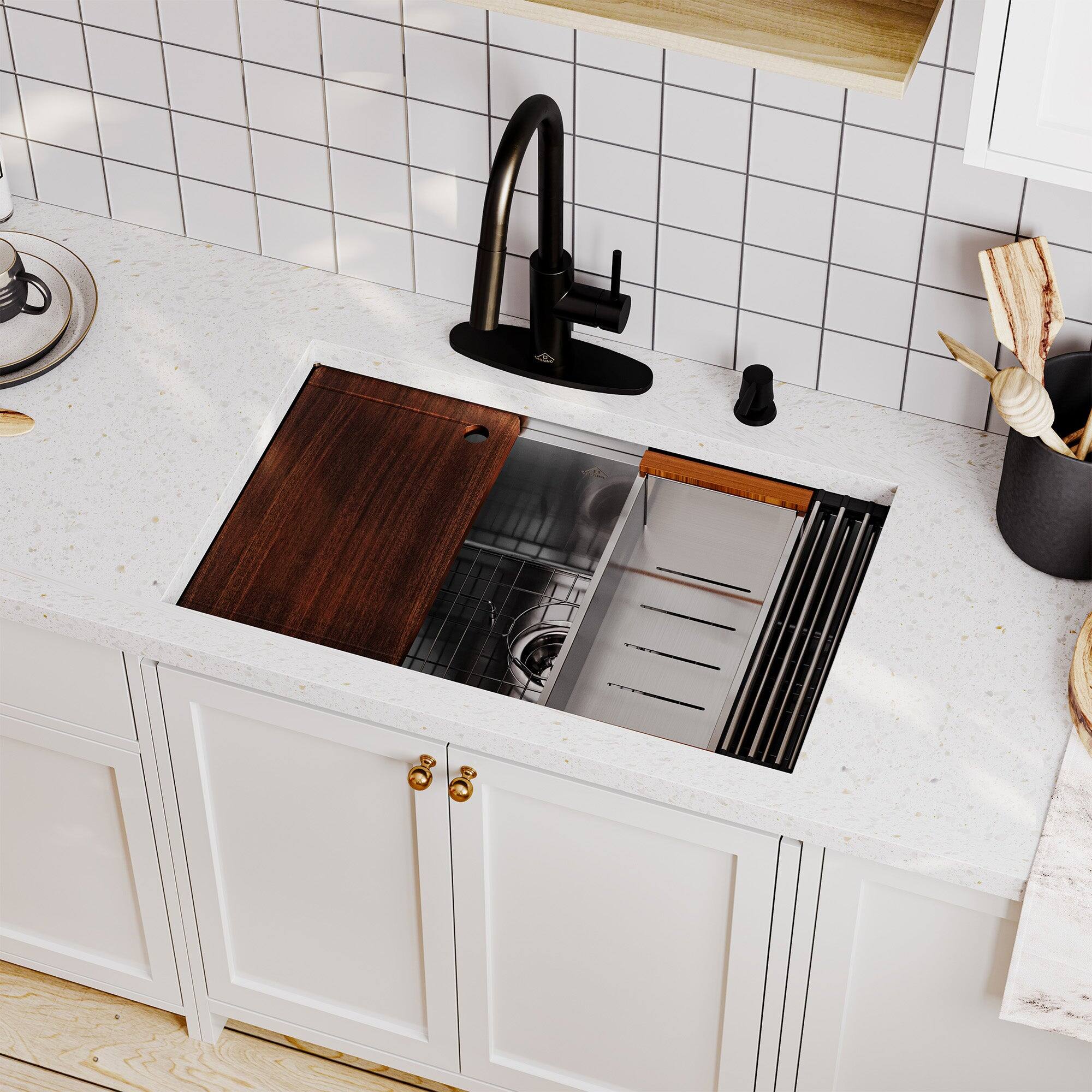 Alt View 2. Boyel Living - 32 in. Undermount Single Bowl 18-Gauge Stainless Steel Kitchen Sink with Cutting Board, Rolling Drying Rack, Drain - Silver.