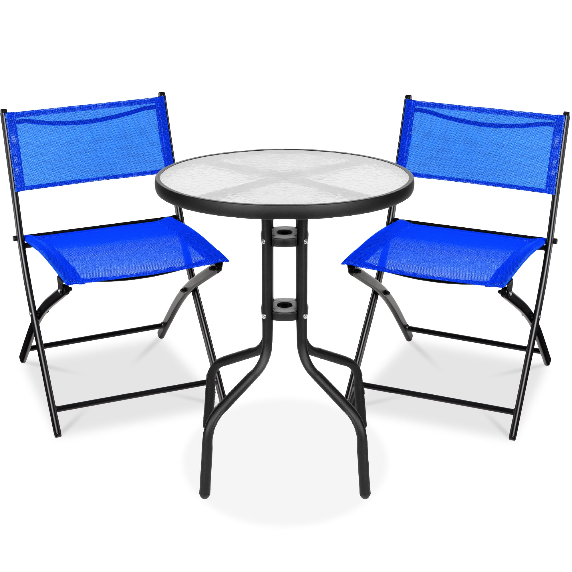 Best Choice Products - 3-Piece Patio Bistro Dining Furniture Set w/ Glass Tabletop, Folding Chairs - Resort Blue