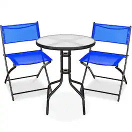 Best Choice Products - 3-Piece Patio Bistro Dining Furniture Set w/ Glass Tabletop, Folding Chairs - Resort Blue