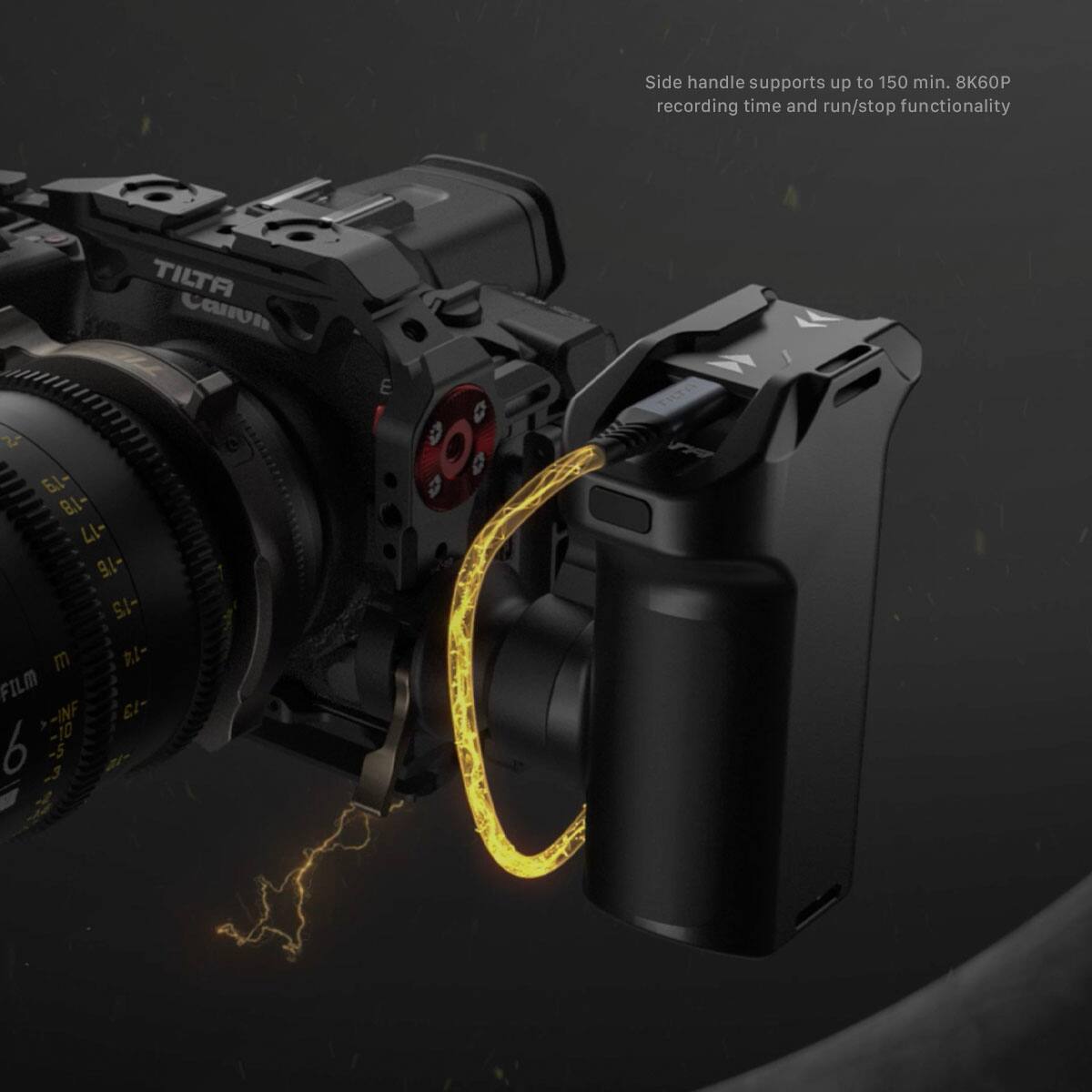 Side handle supports up to 150 min. 8K60P recording time and run/stop functionality