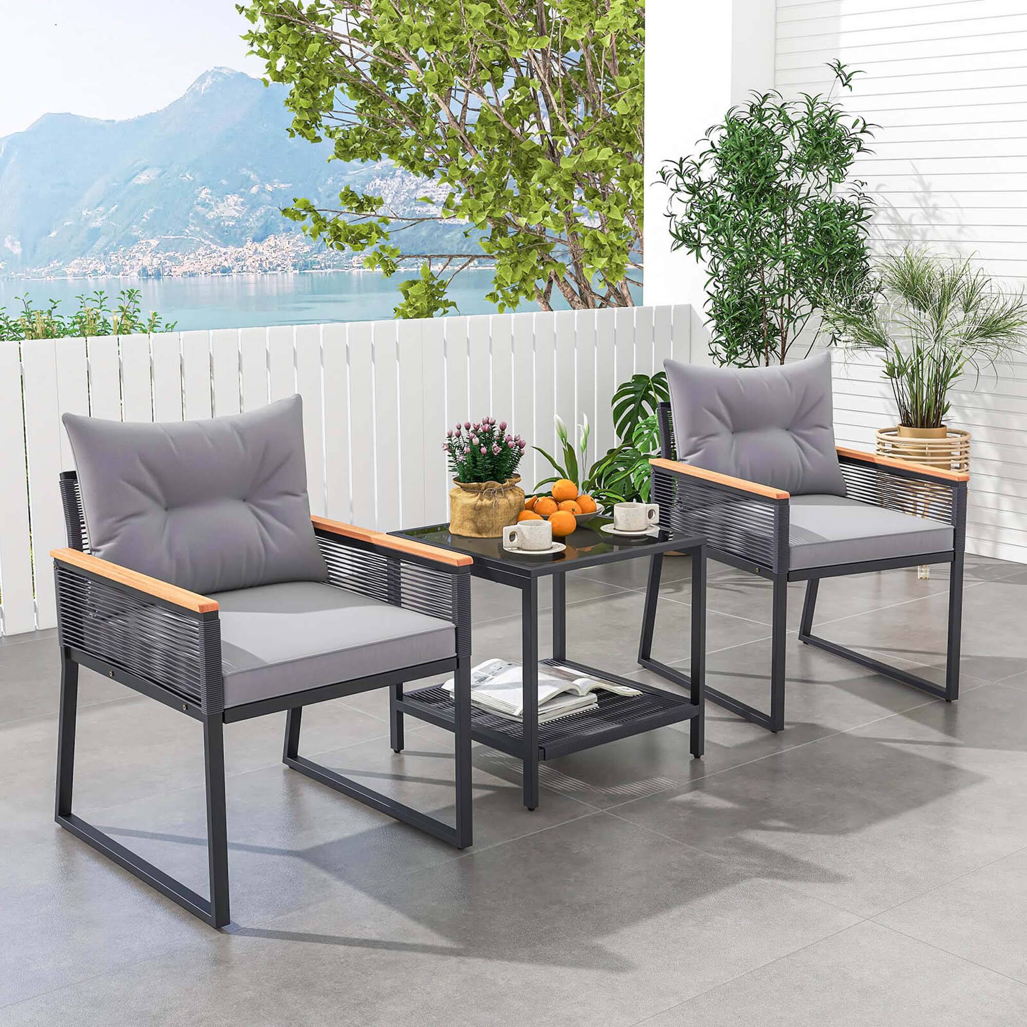 Alt View 1. Costway - Costway 3 PCS Outdoor Conversation Set with 2-Layer Side Table Acacia Wood Armrests - Black,Gray.