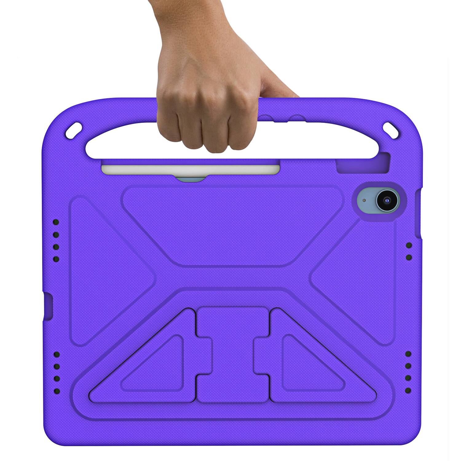 The image shows a purple tablet case with a hand holding it.