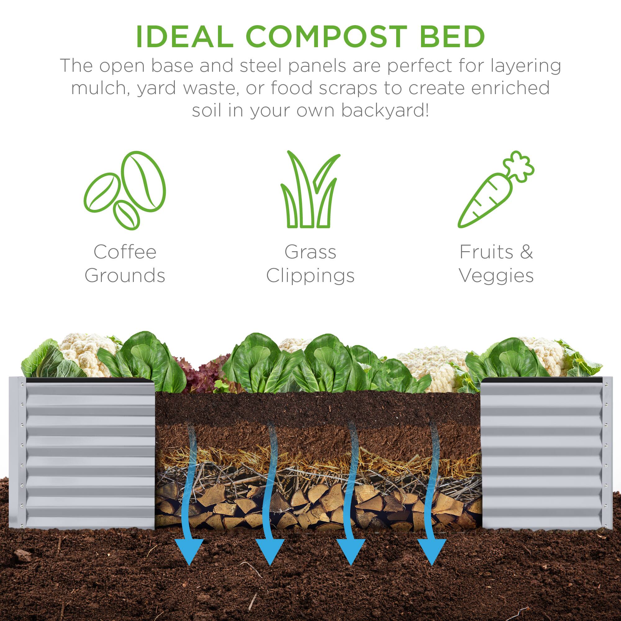 IDEAL COMPOST BED

The open base and steel panels are perfect for layering mulch, yard waste, or food scraps to create enriched soil in your own backyard!

- Coffee Grounds
- Grass Clippings
- Fruits & Veggies