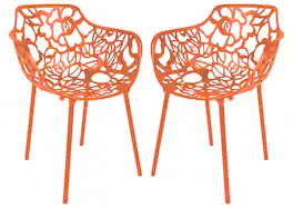 LeisureMod - Set of 2 Devon Aluminum Dining Chair with UV-Protected Aluminum Frame Floral Cutout Design for Indoor Outdoor - Orange