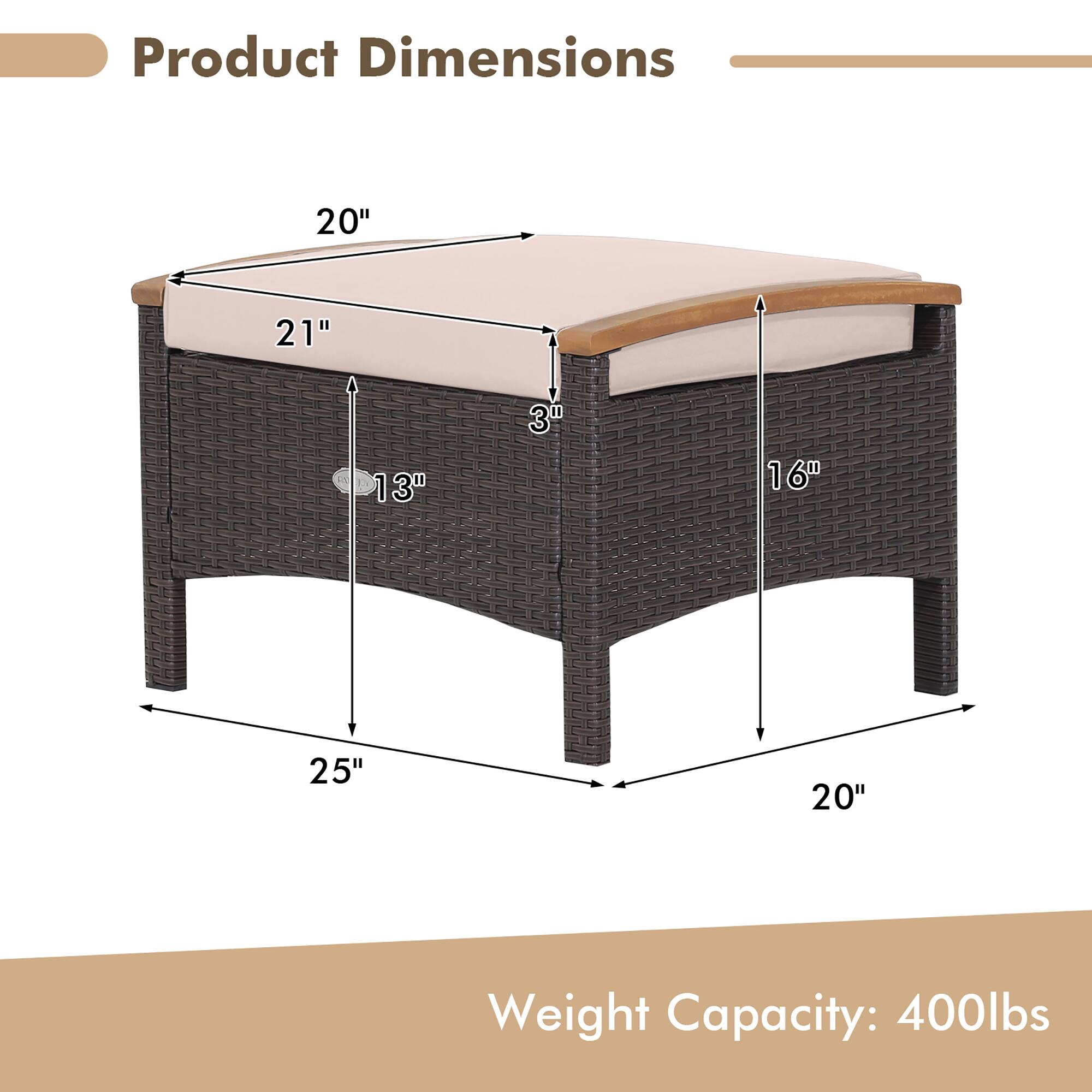 Product Dimensions  
20" x 21" x 13" x 3" x 16" x 25" x 20"  

Weight Capacity: 400lbs