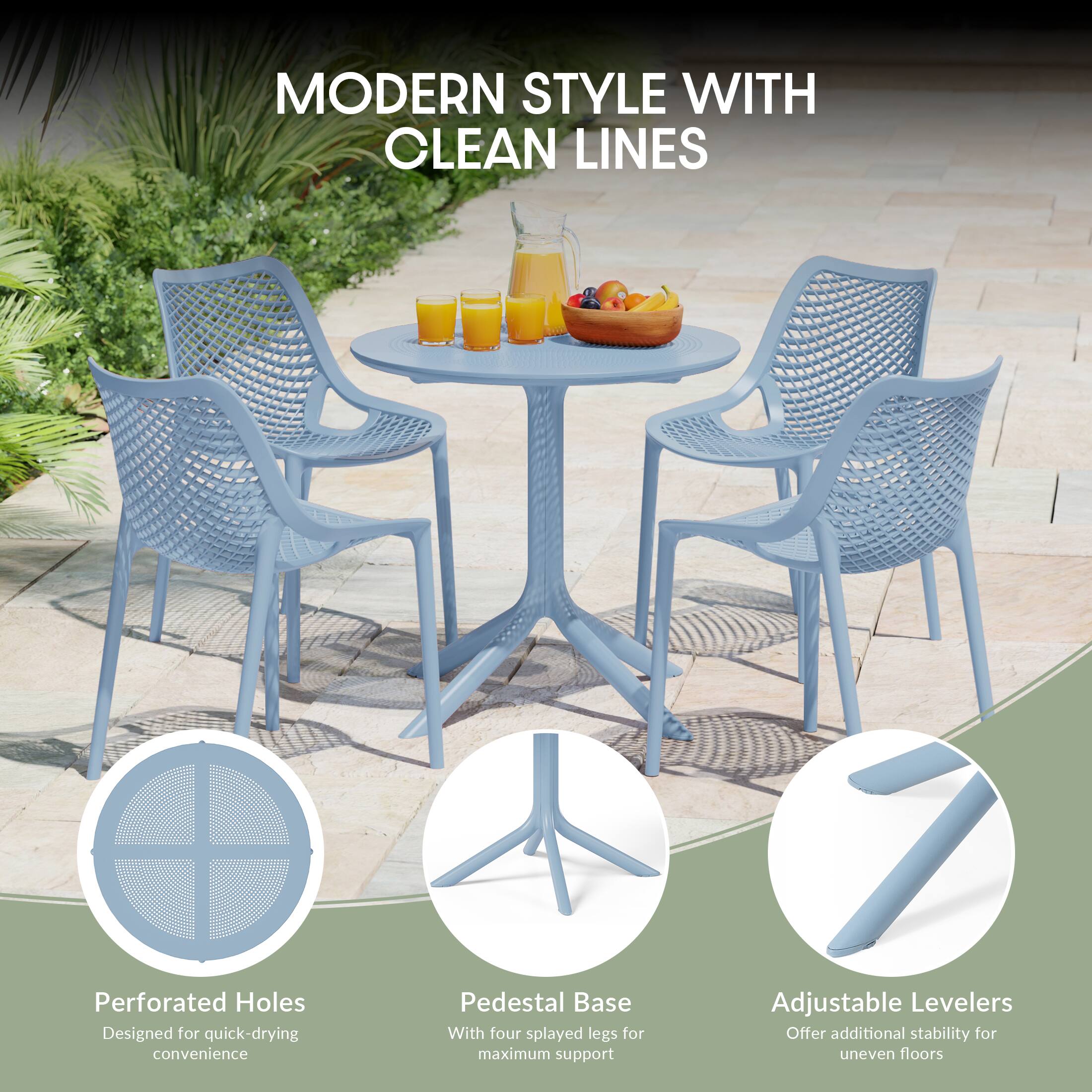 MODERN STYLE WITH CLEAN LINES

- Perforated Holes: Designed for quick-drying convenience
- Pedestal Base: With four splayed legs for maximum support
- Adjustable Levelers: Offer additional stability for uneven floors