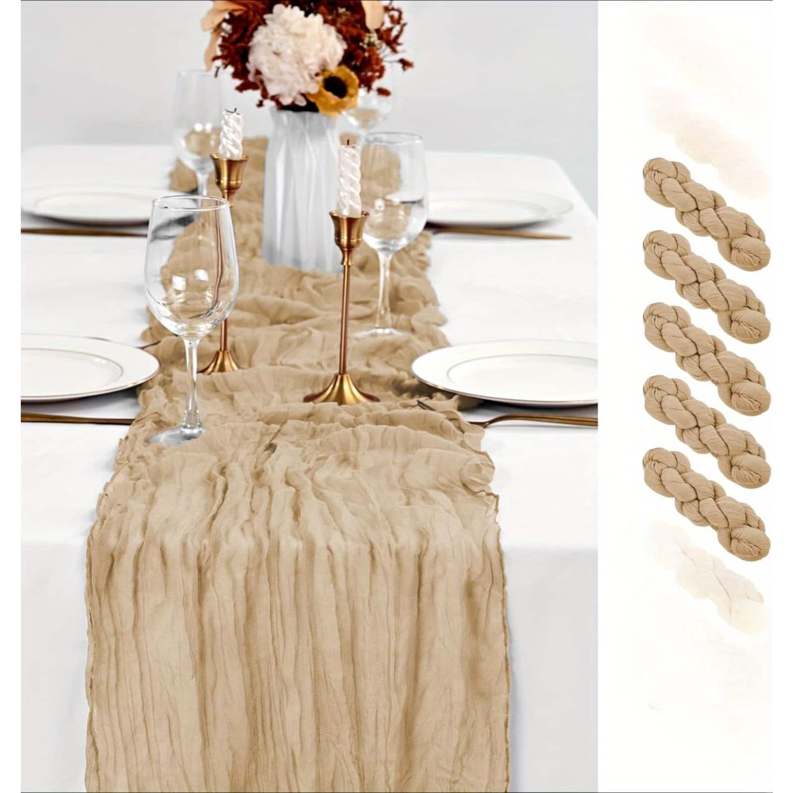 Auledio - 4pcs Cheesecloth Table Runner, Rustic Table Decoration Set, Long Boho Cheese Cloth Table Runner for Wedding - Khaki
