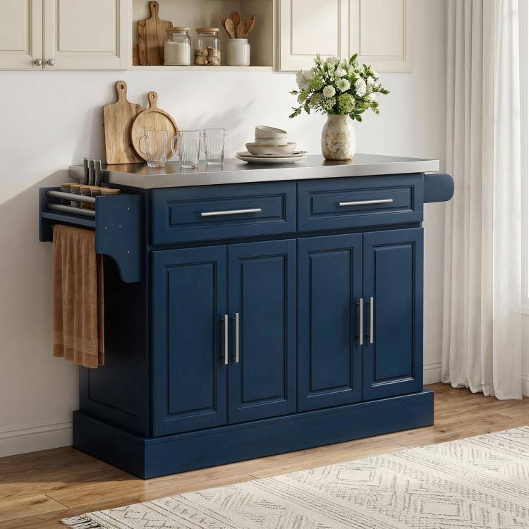 Alt View 9. PULUZ - Rolling Kitchen Island with Stainless Steel Top, 2 Drawers, Spice, Knife and Towel Rack and Cabinets - Navy Blue.