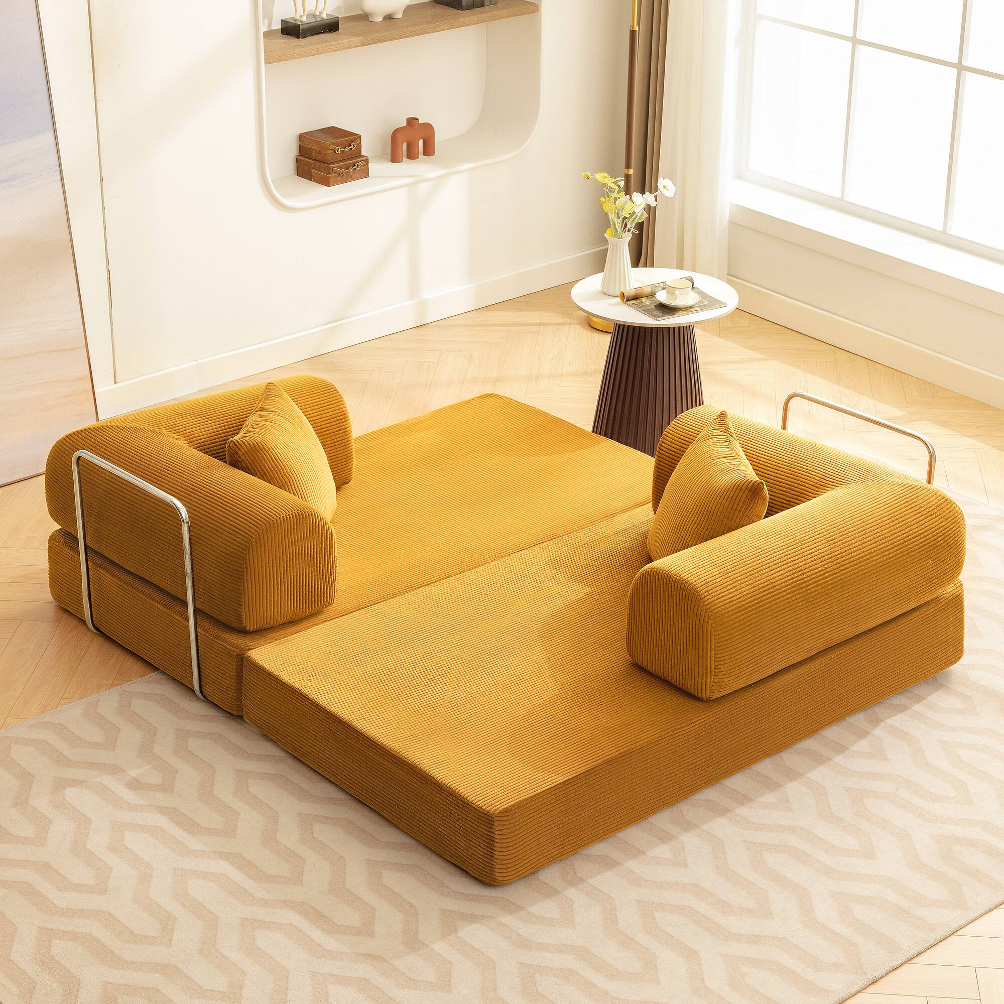 Left. Brick Attic - 4-in-1 Folding Convertible Floor Sofa Bed, 63 Inch Oversized Modern Fabric Boneless Couch for Living Room Bedroom Lounge - Ginger.