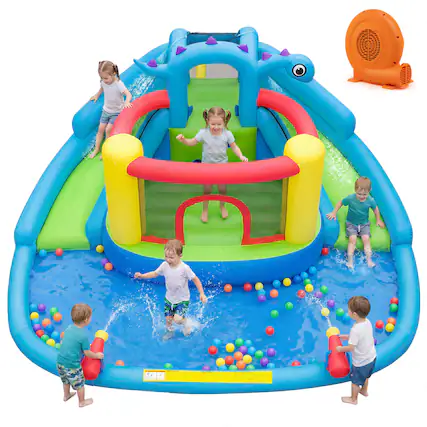 Front. Costway - Costway Inflatable Water Slide Park with Double Slides Jumping Area Splash Pool 750W Blower - Multi-colored.