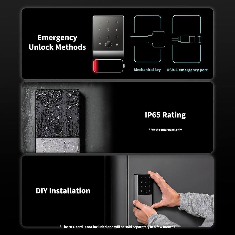 1. Emergency Unlock Methods  
   - Mechanical key  
   - USB-C emergency port  

2. IP65 Rating  
   *For the outer panel only  

3. DIY Installation  
   *The NFC card is not included and will be sold separately in a few months