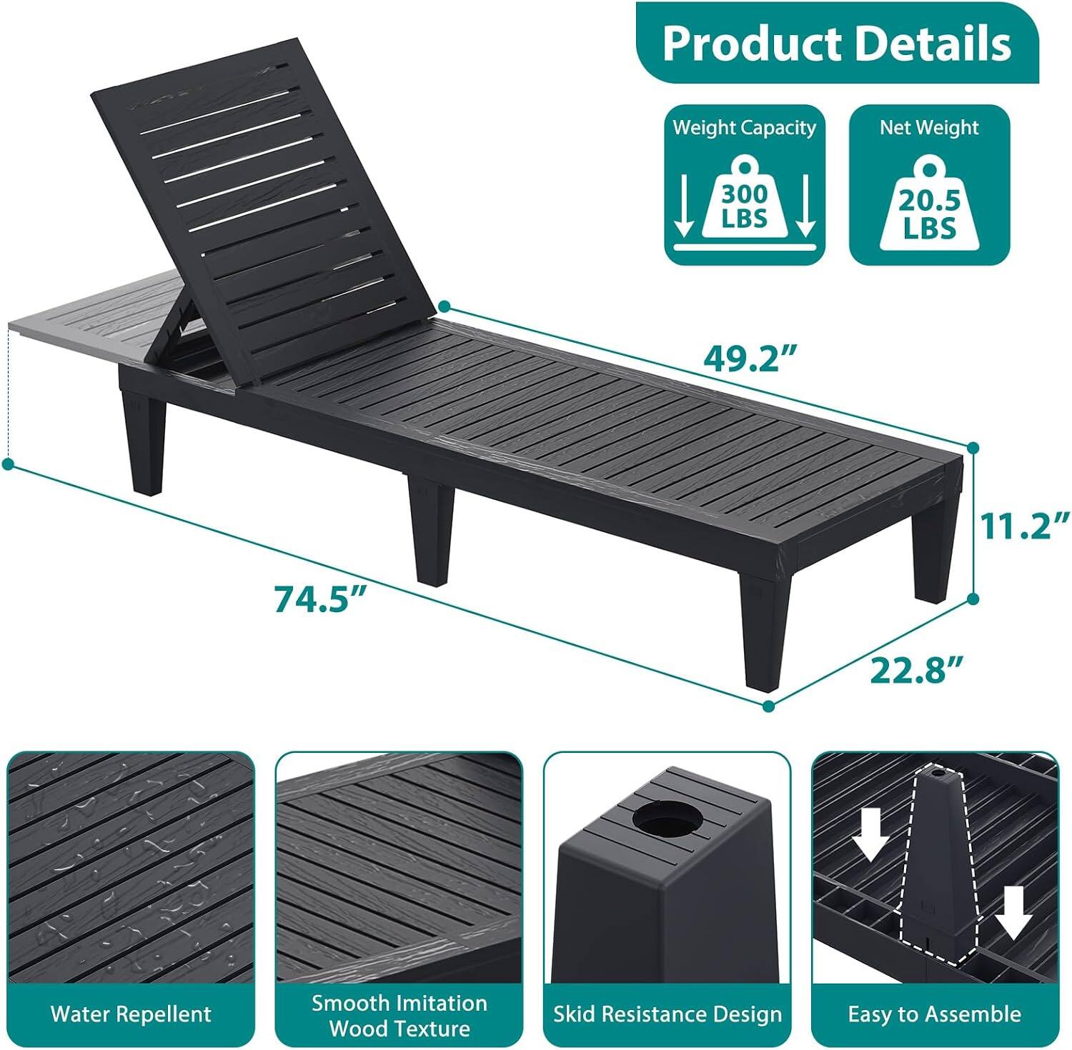 Product Details  
Weight Capacity: 300 LBS  
Net Weight: 20.5 LBS  
Dimensions: 49.2" x 11.2" x 74.5" x 22.8"  
Features:  
- Water Repellent  
- Smooth Imitation Wood Texture  
- Skid Resistance Design  
- Easy to Assemble