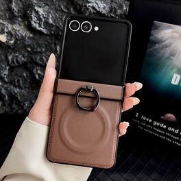 Dteck - Mag Safe Case For Samsung Galaxy Z Flip7 Shockproof Leather Slim Fit Rugged Hinge Protection Cover With Ring Holder - Brown
