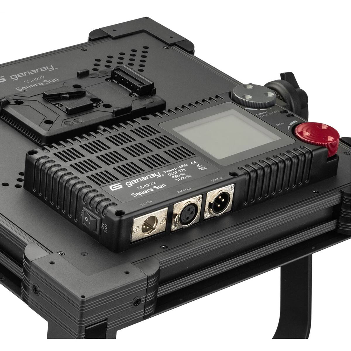 genaray. SS-12V2 Sun Square  
Dimmer DMX Color  
100W CE  
Power: 100W  
Nattain Chink DC12-17V  
CRI: 96  
TLCI: 96  
genaray.  
DMXIn SS-12V2 Sun  
DMXOut Square DC 15V