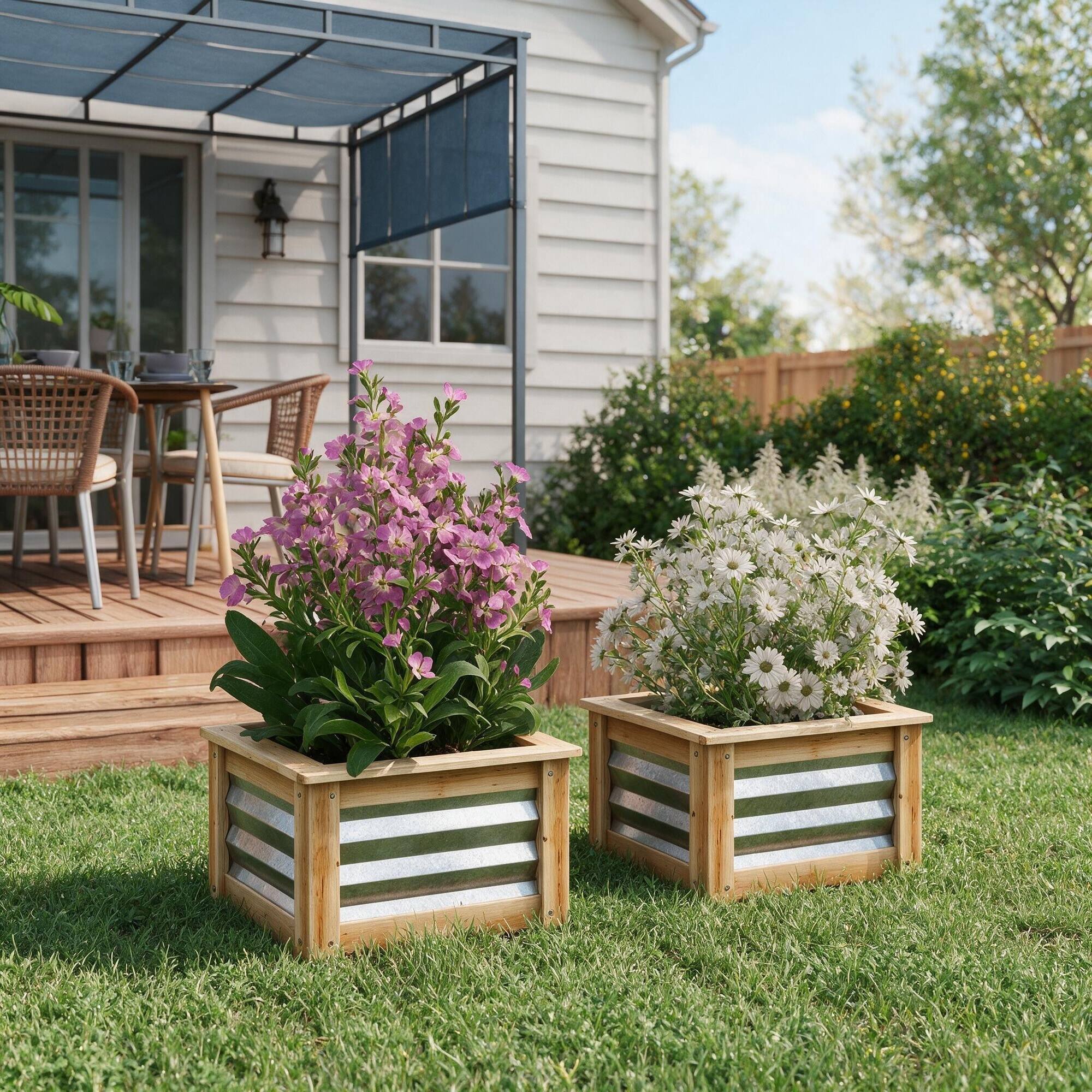 Left. RYHNUYNE - Raised Garden Bed Set of 2, Galvanized Metal Planter Box with Wood Frame, Outdoor Stock Tanks for Flowers, Herbs - Multicolor.
