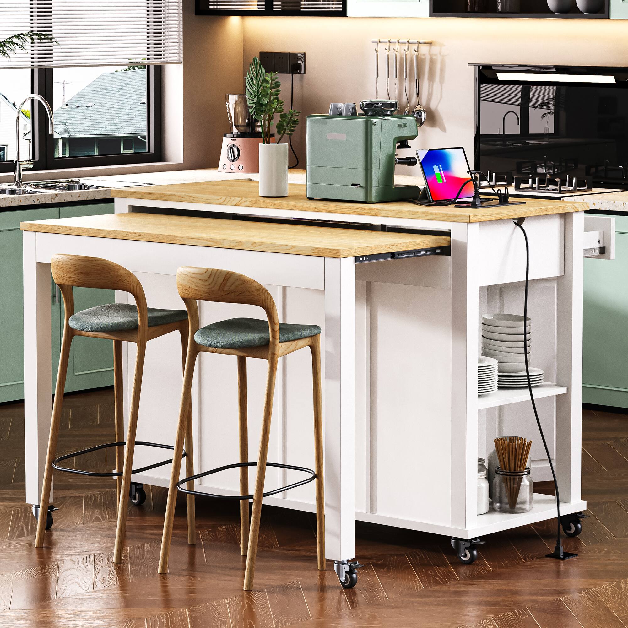 Front. PexFix - 47" Kitchen Island with Extendable Table & Power Outlet - Rolling Cart with 2 Drawers, 2 Cabinets & Rubber Wood Top - White.