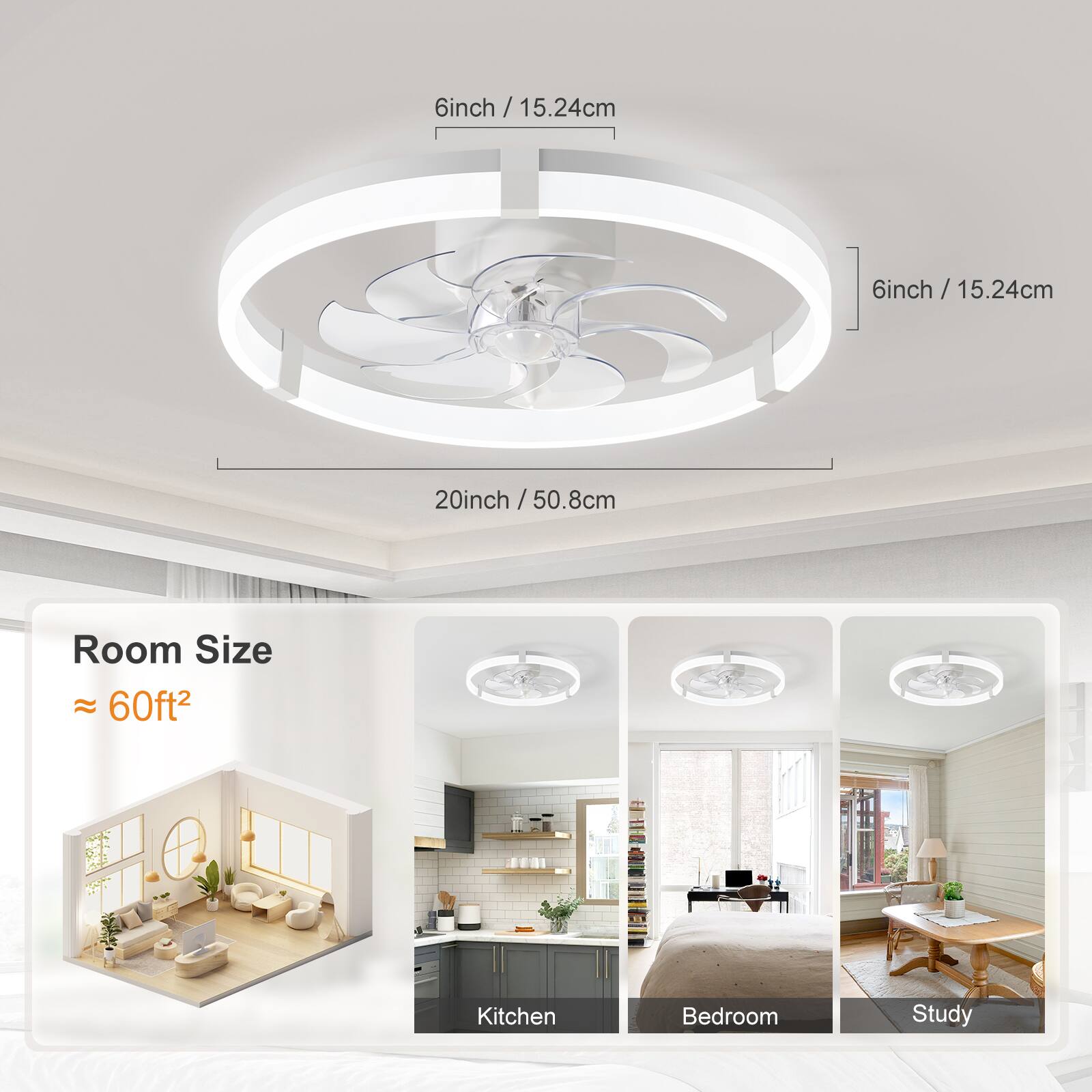 6inch / 15.24cm  
20inch / 50.8cm  

Room Size  
≈ 60ft²  

Kitchen  
Bedroom  
Study
