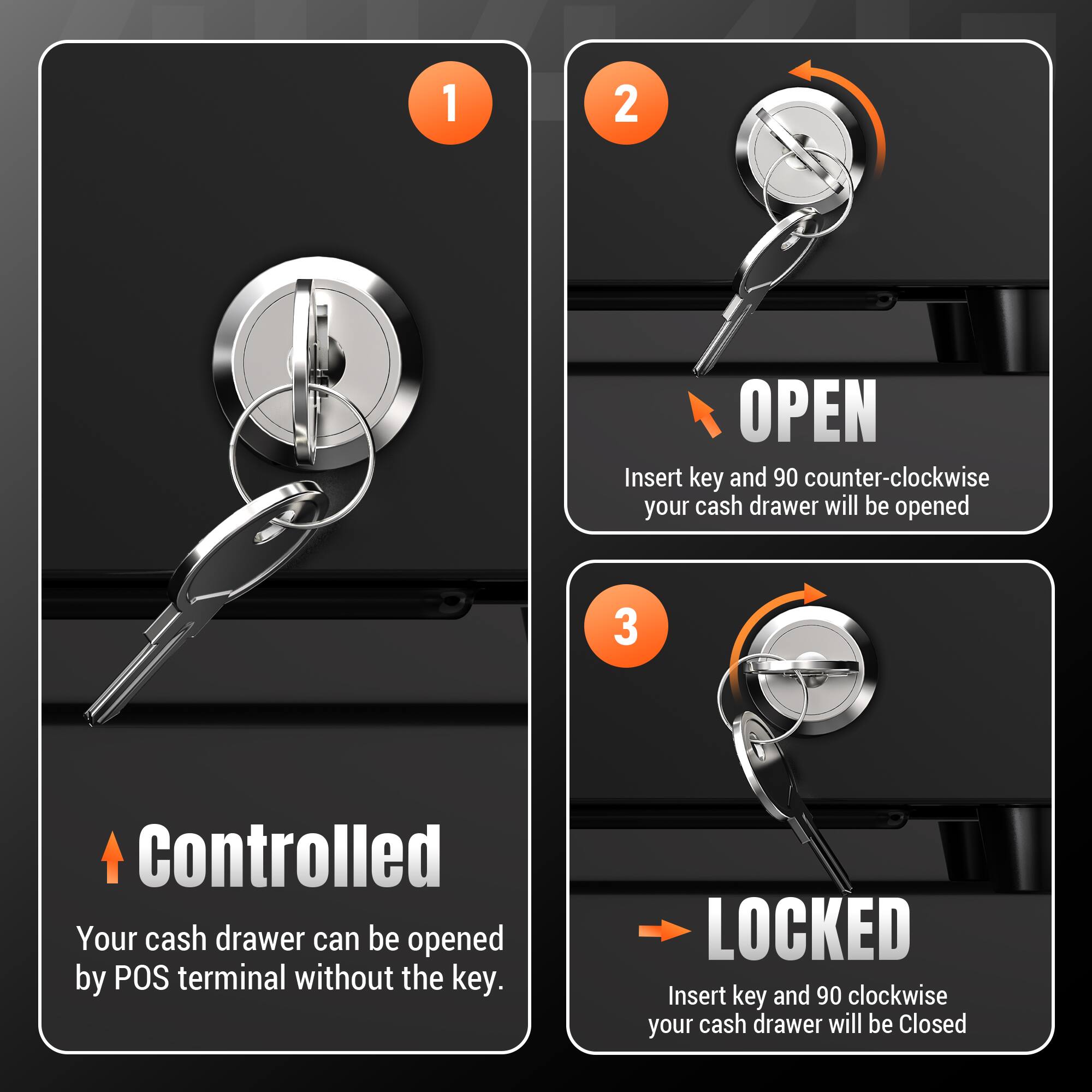 1. Controlled  
   Your cash drawer can be opened by POS terminal without the key.

2. OPEN  
   Insert key and 90 counter-clockwise your cash drawer will be opened

3. LOCKED  
   Insert key and 90 clockwise your cash drawer will be closed
