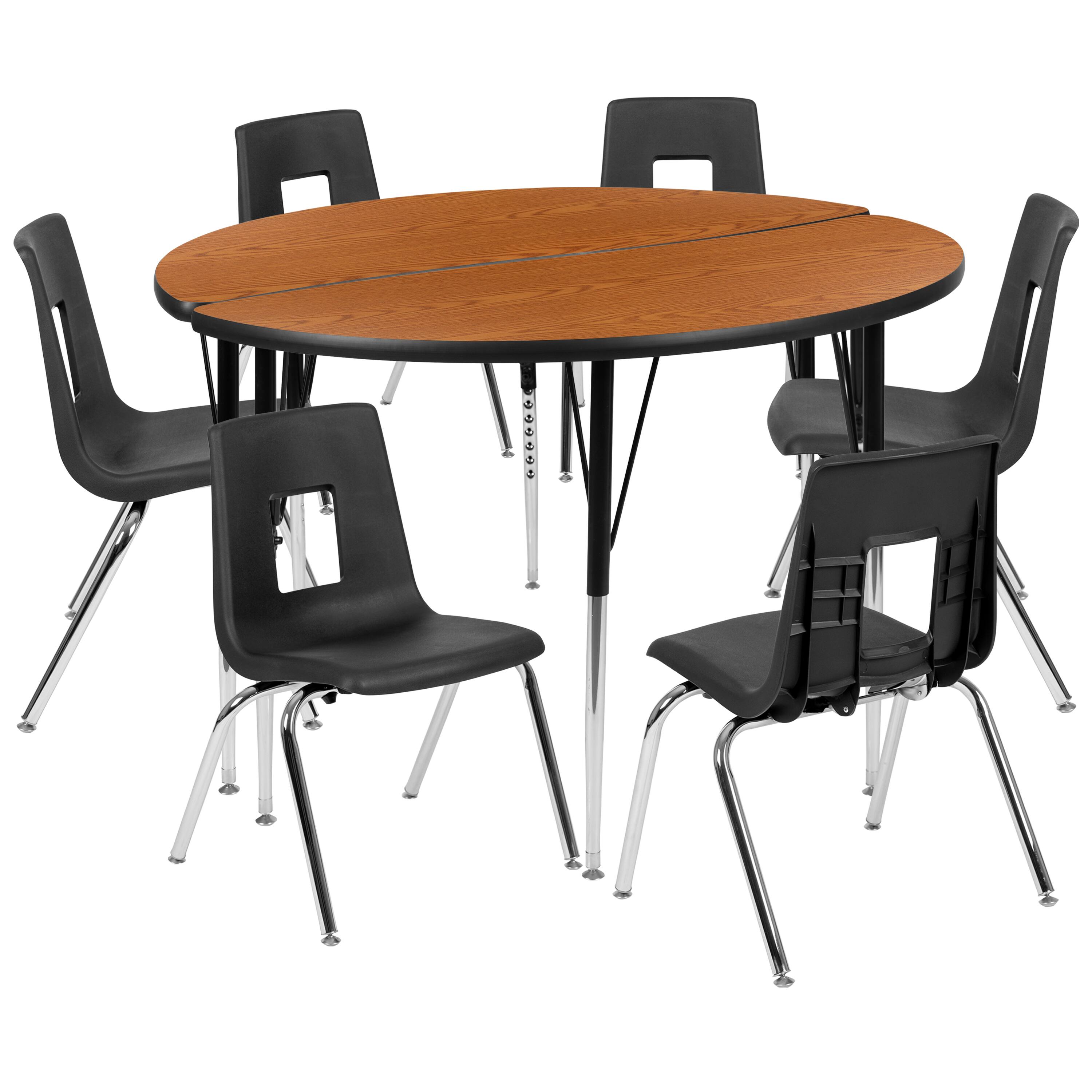 Alt View 1. Emma + Oliver - 47.5" Circle Wave Collaborative Laminate Activity Table Set with 18" Student Stack Chairs, Grey/Black - Oak.