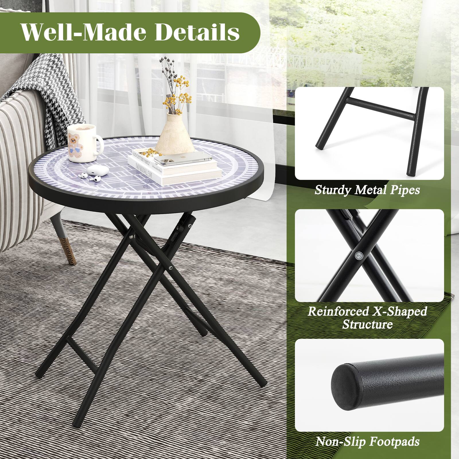 Well-Made Details: Sturdy Metal Pipes, Reinforced X-Shaped Structure, Non-Slip Footpads