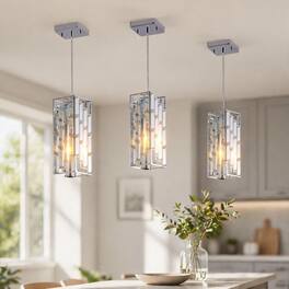 RYHNUYNE - Modern 4-Inch Crystal Pendant Light 3-Pack, Chrome Finish, Adjustable Hanging Ceiling Lamps with Prism Shades