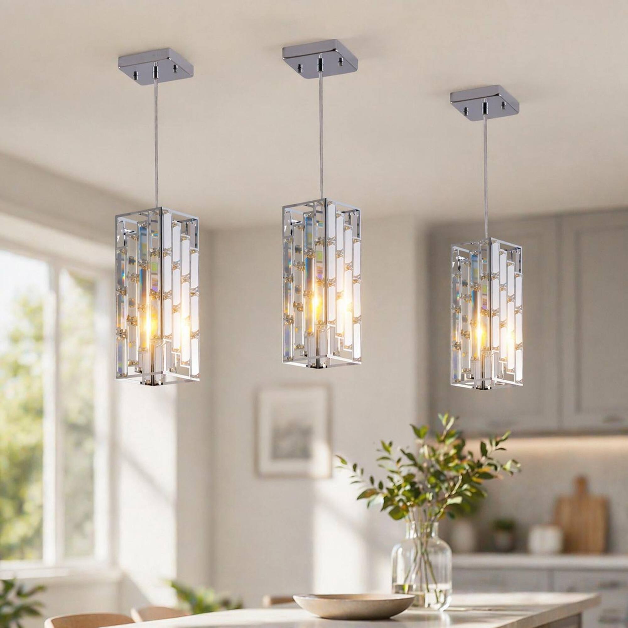 RYHNUYNE - Modern 4-Inch Crystal Pendant Light 3-Pack, Chrome Finish, Adjustable Hanging Ceiling Lamps with Prism Shades