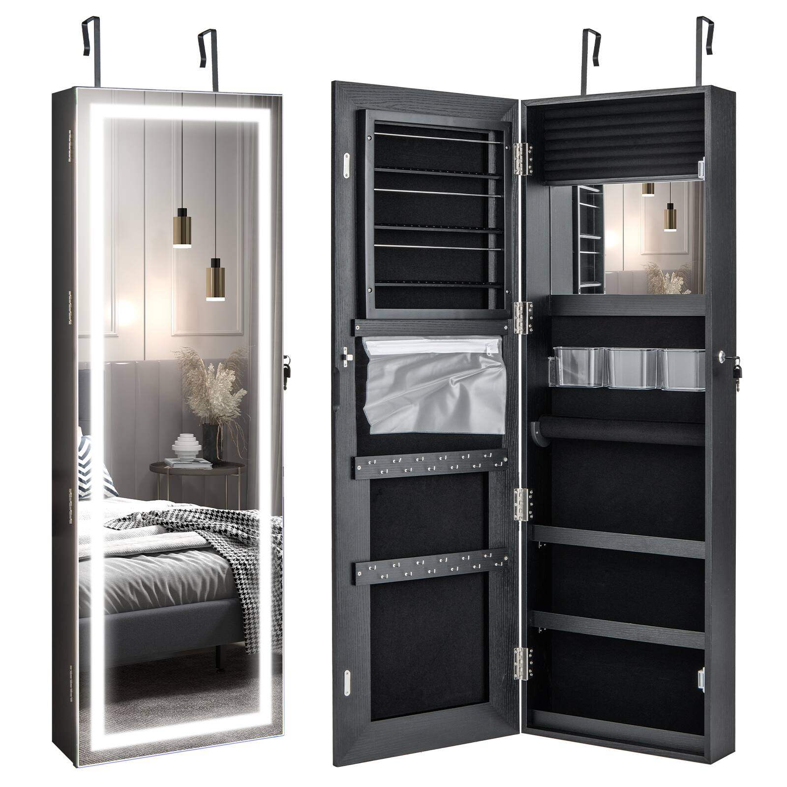 Alt View 17. Costway - LED Mirror Jewelry Cabinet Wall/Door Mounted  47" Armoire 3 Color Light Black - Black.