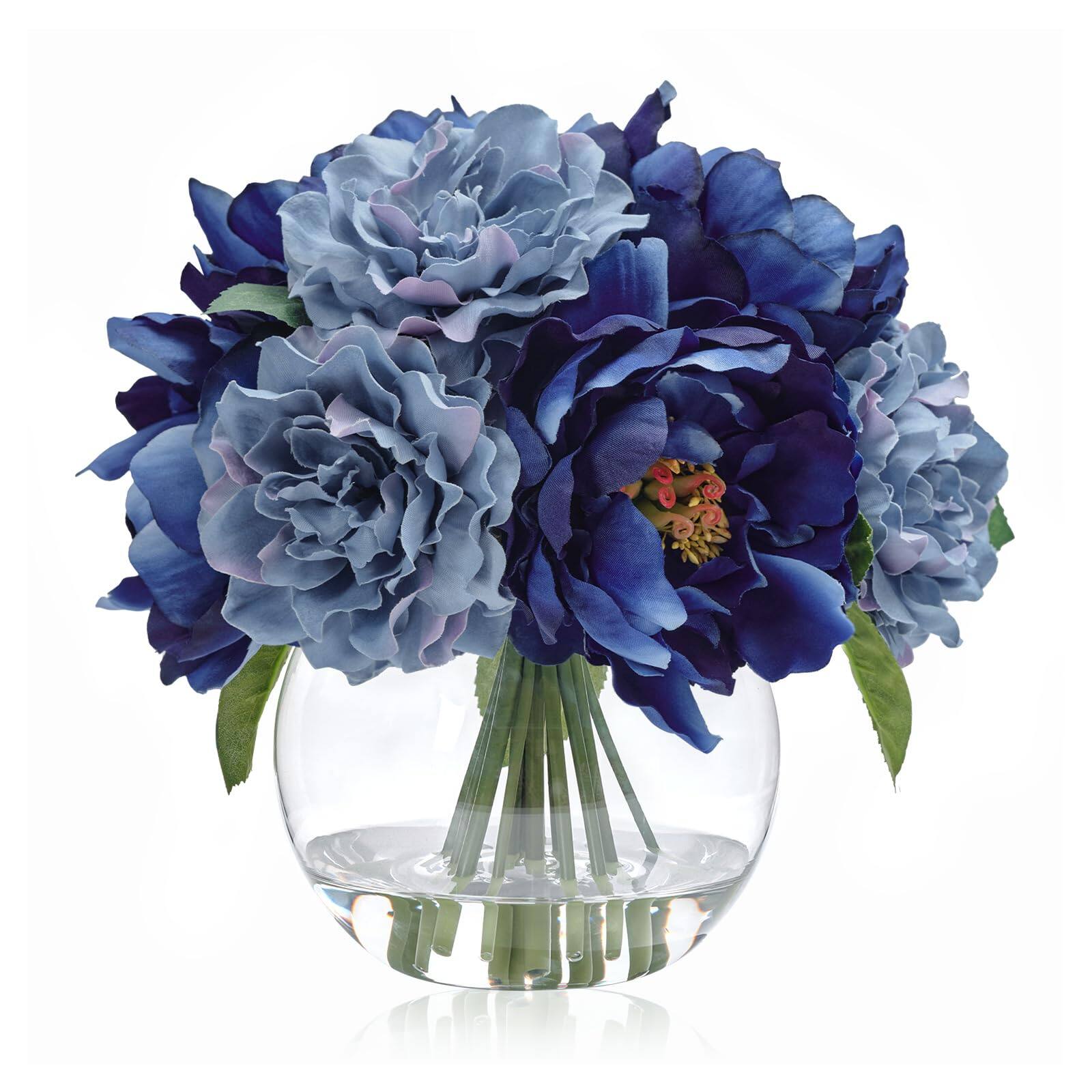 Alt View 2. Siljoy - Blue Silk Peony Arrangement, Faux Water Vase, Winter Spring Home Wedding Decor Gift - lvory.