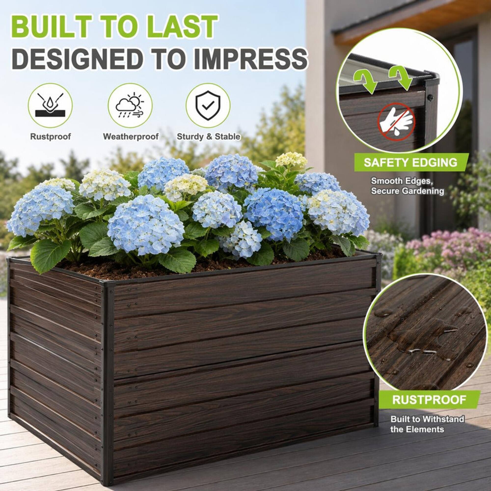 BUILT TO LAST  
DESIGNED TO IMPRESS

- Rustproof
- Weatherproof
- Sturdy & Stable

SAFETY EDGING  
Smooth Edges, Secure Gardening

RUSTPROOF  
Built to Withstand the Elements