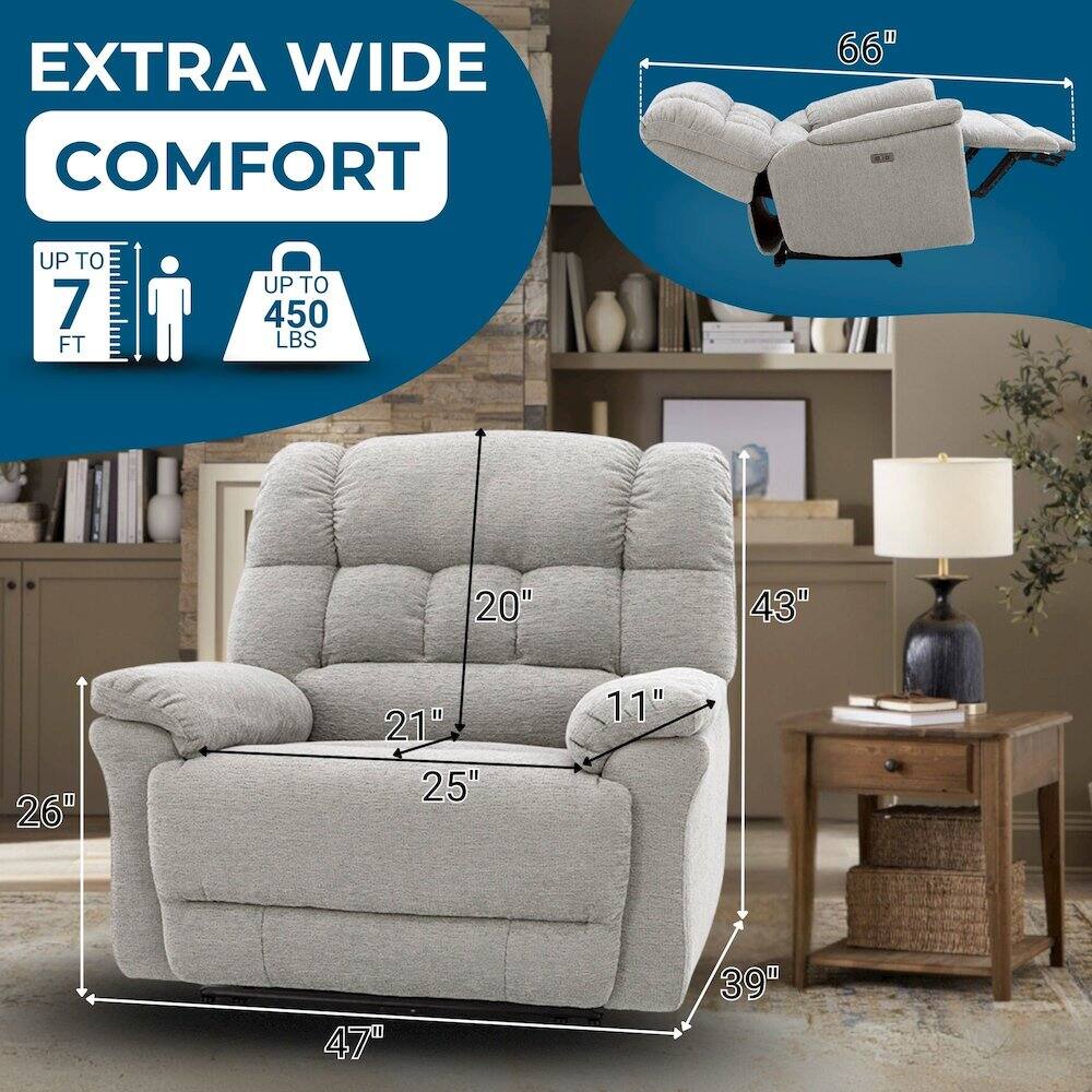 EXTRA WIDE COMFORT  
66" UP TO 7 FT  
UP TO 450 LBS  
20"  
43"  
26"  
21"  
25"  
11"  
47"  
39"