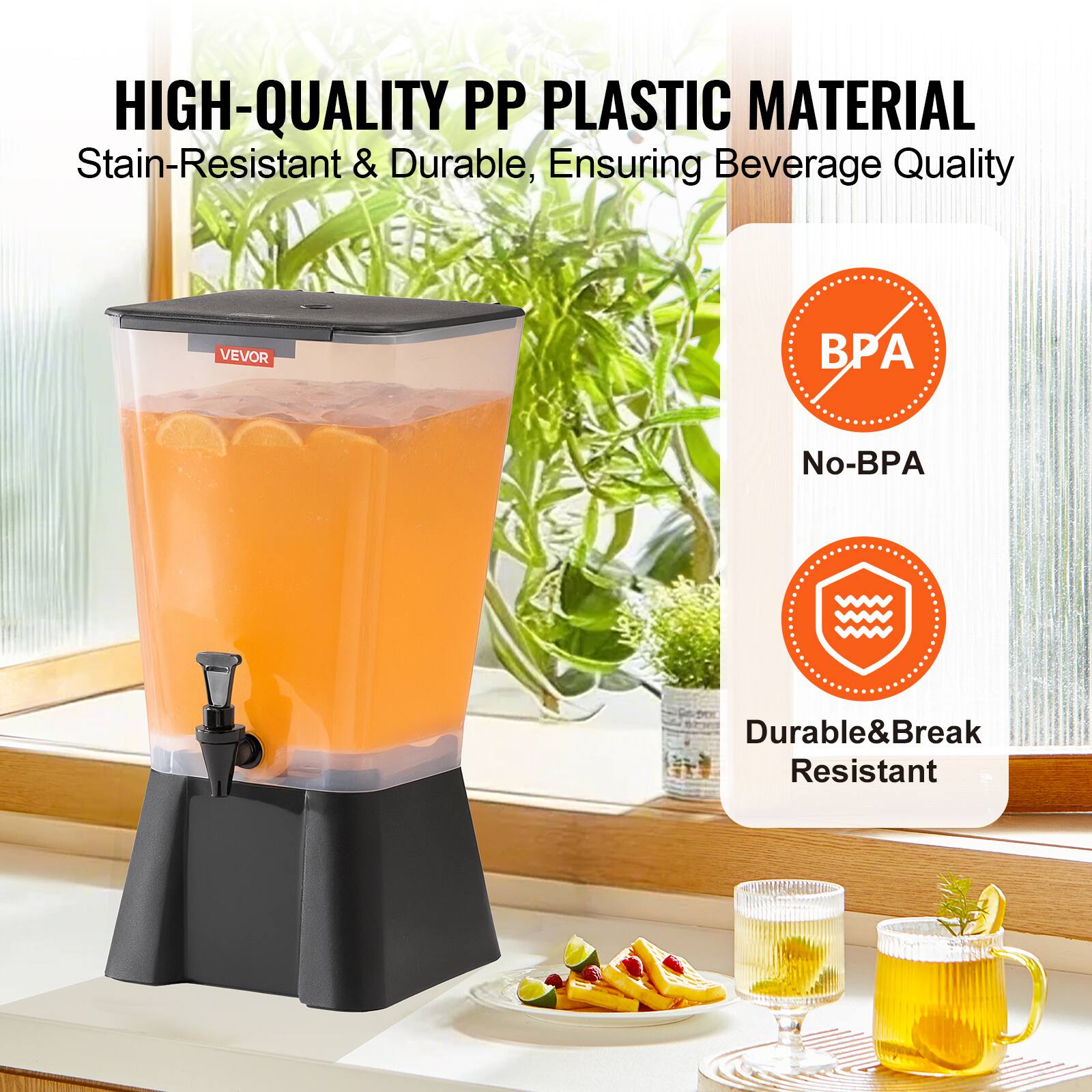 HIGH-QUALITY PP PLASTIC MATERIAL  
Stain-Resistant & Durable, Ensuring Beverage Quality  

BPA  
No-BPA  

Durable & Break Resistant