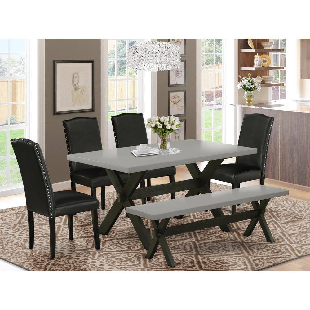 Angle. East West Furniture - East West Furniture 6 Pc Dining Room Table Set Includes a Cement Wooden Dining Table and a Modern Bench, 4 Black PU - Multi-Color.