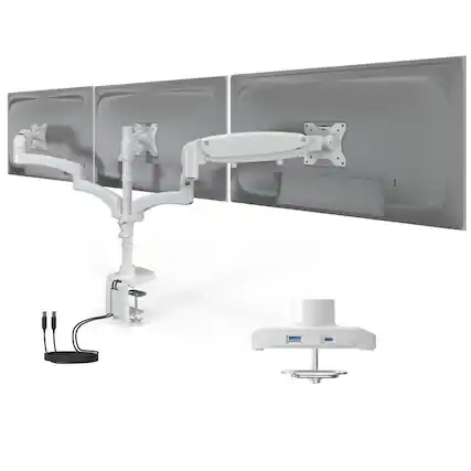 Front. Mount-It! - Triple Monitor Desk Mount with Gas Spring Arms for Monitors up to 32″ with USB-C Port, White - White.