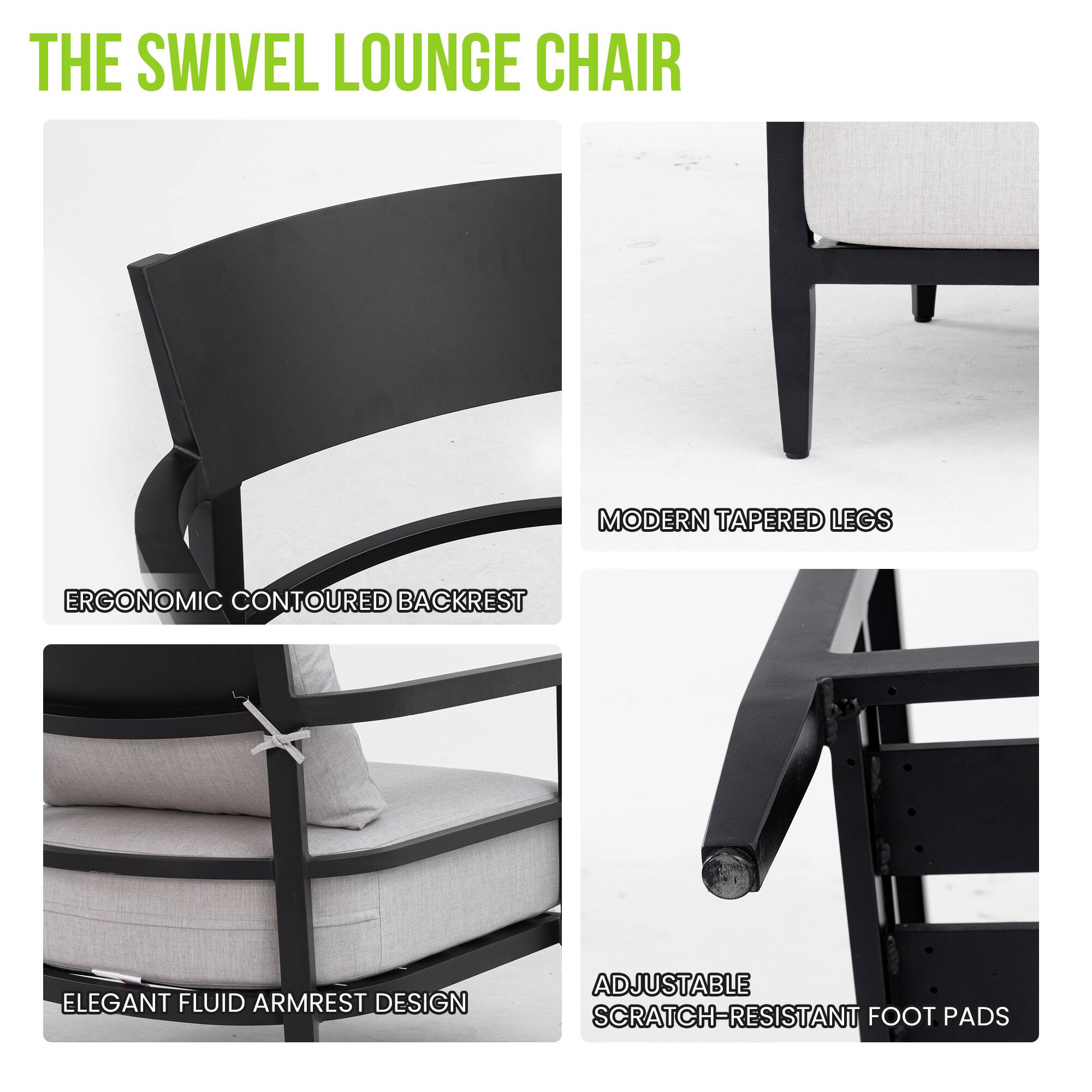 THE SWIVEL LOUNGE CHAIR

- MODERN TAPERED LEGS
- ERGONOMIC CONTOURED BACKREST
- ELEGANT FLUID ARMREST DESIGN
- ADJUSTABLE SCRATCH-RESISTANT FOOT PADS