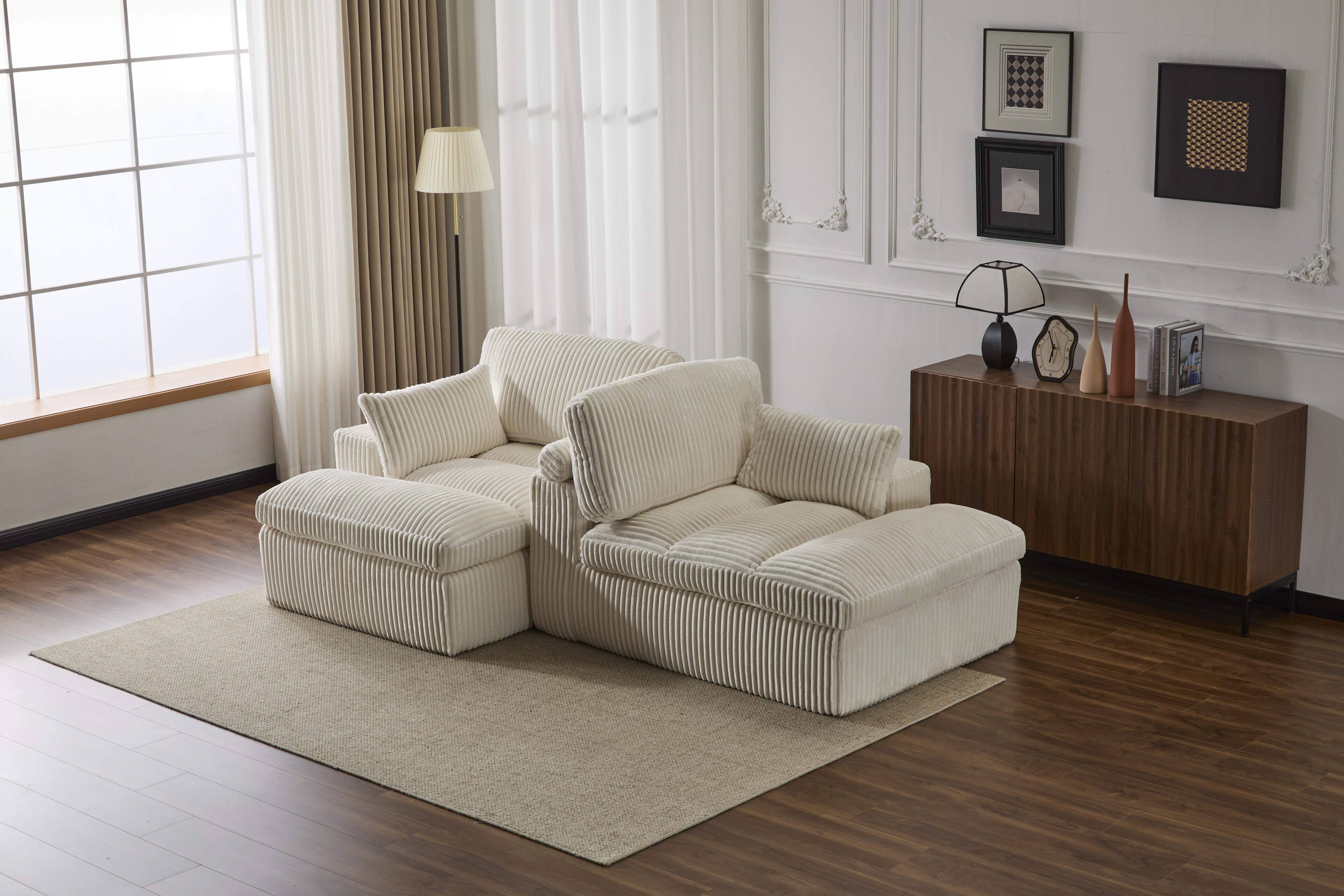 Back. Roomtec - Double Chaise Lounge Chair IndoorOversized Upholstered Sleeper Cloud CouchDeep Seat Luxury Sofa BedSectional Sofa - Beige.