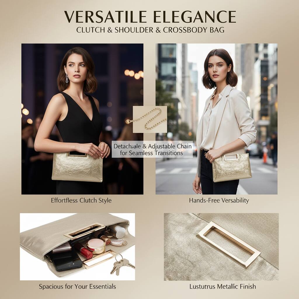 VERSATILE ELEGANCE  
CLUTCH & SHOULDER & CROSSBODY BAG  

- Detachable & Adjustable Chain for Seamless Transitions  
- Effortless Clutch Style  
- Hands-Free Versatility  
- Spacious for Your Essentials  
- Lusturtrus Metallic Finish